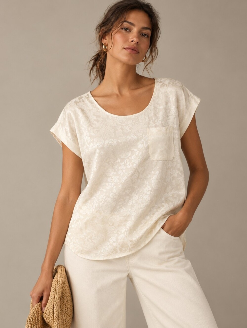 Anthropologie Floral Satin Top Size L Ivory Short Sleeve Blouse